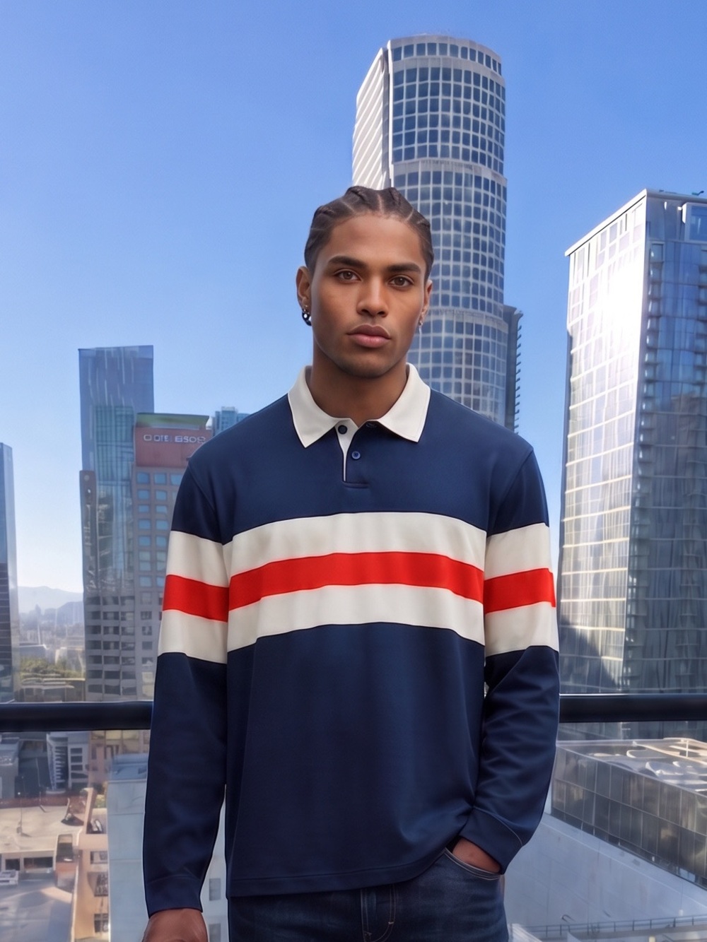 Lululemon Athletica Navy Long-Sleeve Polo with Red & White Stripes Size L